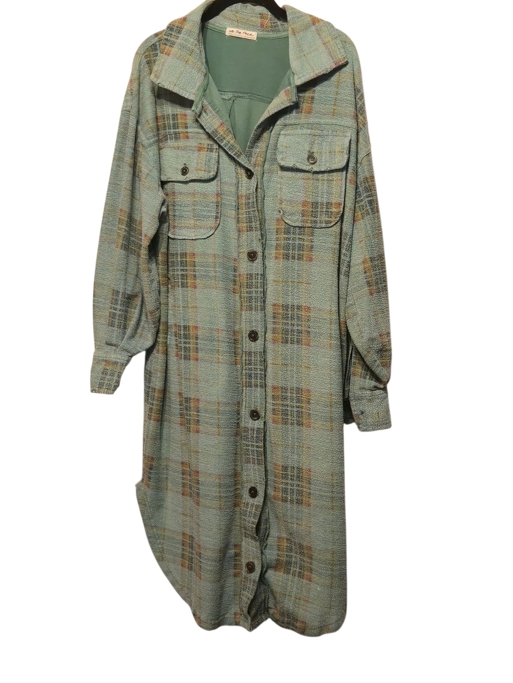 We The Free Mint Green Plaid Long Button-Front Teddy Jacket